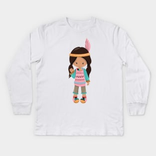 Native American Girl, Cute Girl, Brown Hair Kids Long Sleeve T-Shirt